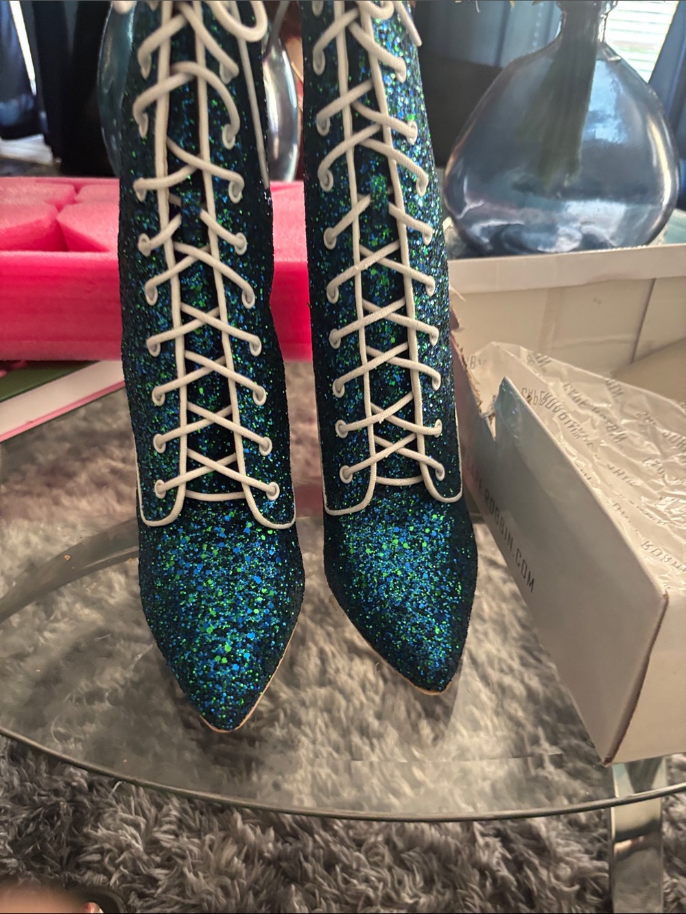 Cape Robbin Teal Glitter Lace-Up Pointed Toe Boots